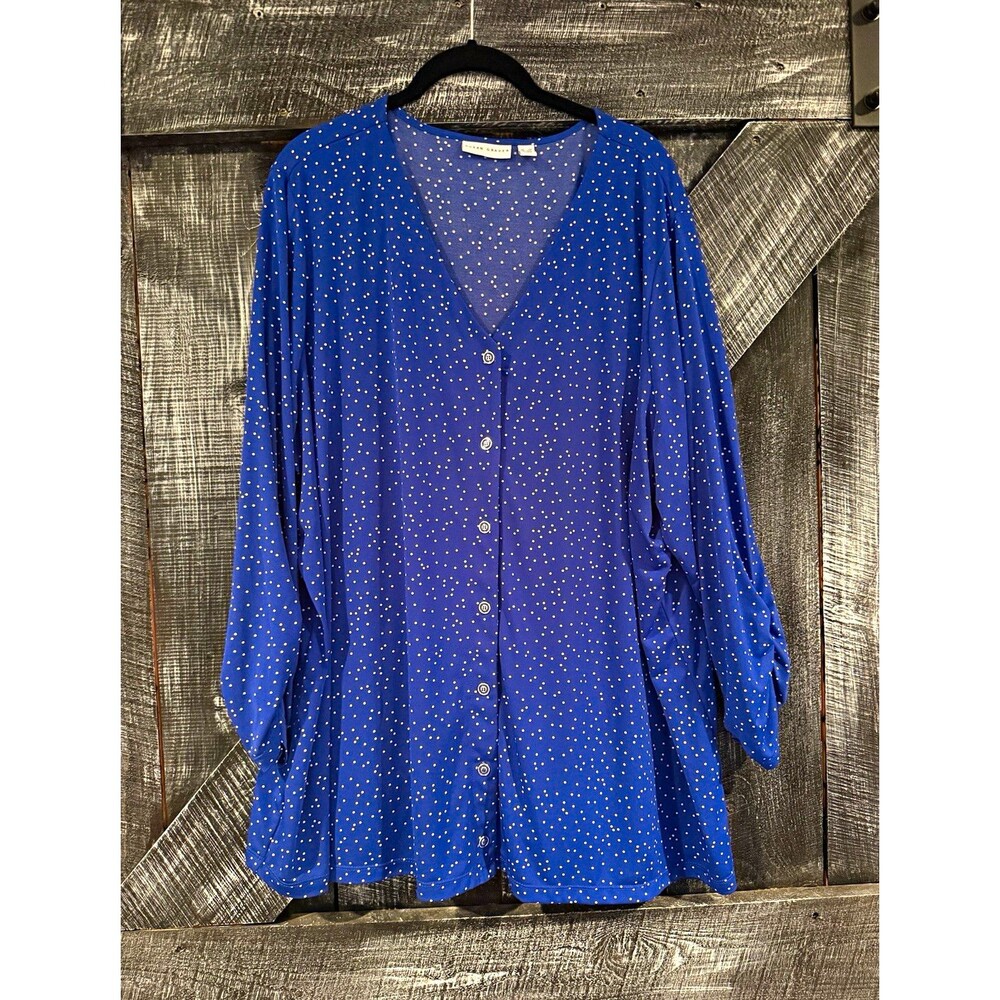 Susan Graver Women's Plus 3X Blue/White Polka Dot V-Neck Button Front Blouse